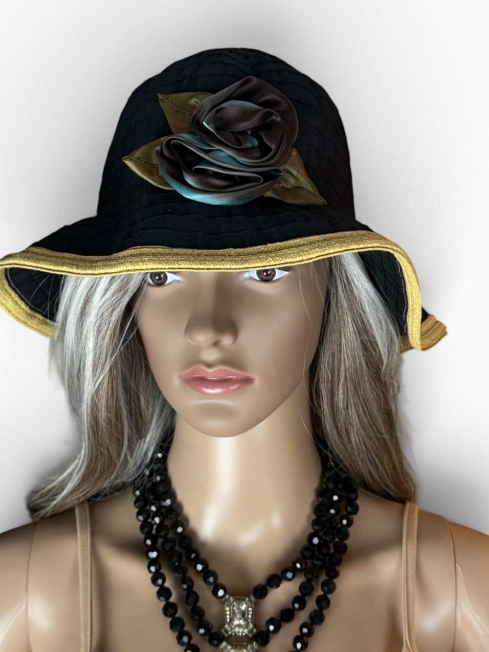 Toucan Collection New York Black Cloche Hat Floral Roses Gold Trim Cotton Paper
